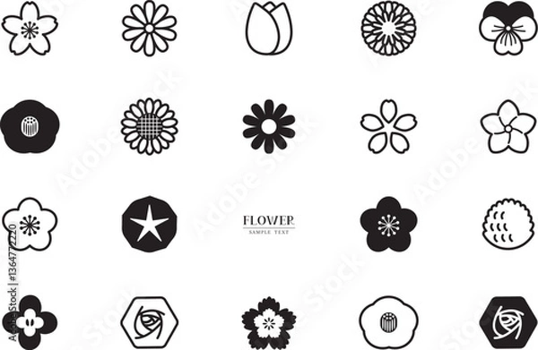 Fototapeta いろいろな花のアイコン 白黒イラスト素材セット / vector eps