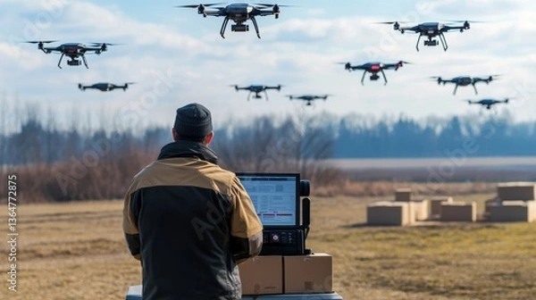 Fototapeta A drone technician testing a swarm of delivery drones, outdoor testing area with flying drones and control panels, High-tech style