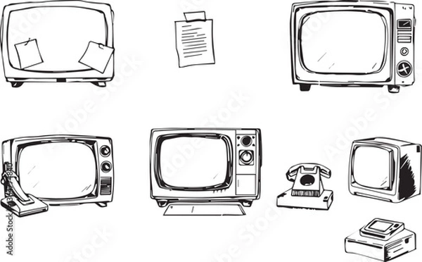 Fototapeta A set of retro technology, televisions, telephones. Hand drawn vector illustration