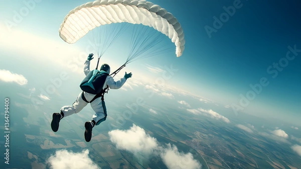 Fototapeta Skydiver flying with parachute open above the clouds