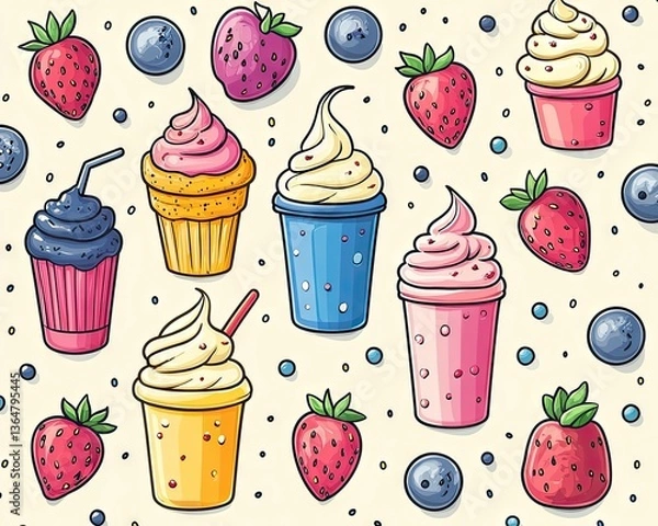 Fototapeta Colorful illustration of cupcakes, smoothies, strawberries and blueberries