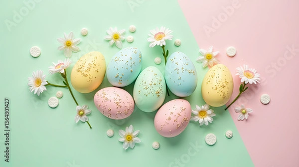 Obraz A bright and cheerful composition of pastel Easter eggs and
delicate daisies on a two-color background, divided diagonally (mint and pink). An excellent background for creating postcards, banners.