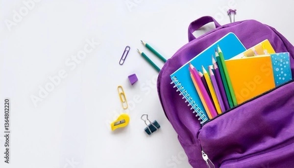 Fototapeta Top View of Purple School Backpack with Books and Stationery on White Background Isolated. Back to School Concept. Banner with Copy Space.