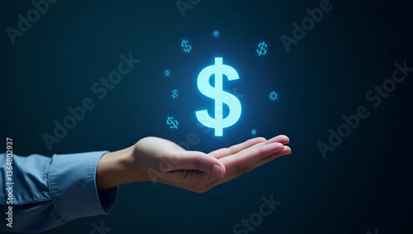 Fototapeta Flat Hand Holding Holographic Planning Icon for Profit Management & Expenses