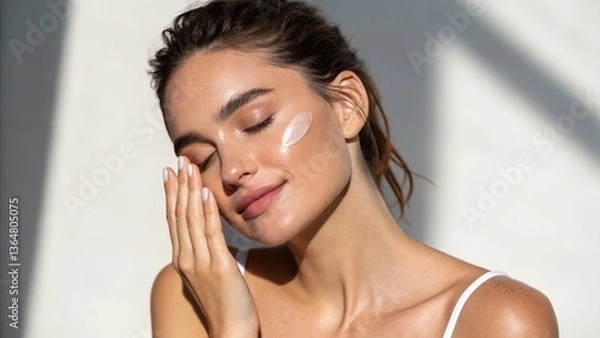 Obraz A young woman with flawless skin gently applies a creamy moisturizer to her face, enjoying a luxurious skincare routine in soft, natural light highlighting her radiant complexion.