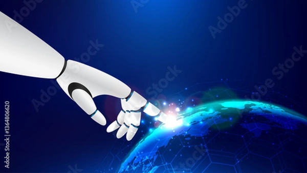 Fototapeta AI robot hand touching Earth globe with digital technology blue background. Artificial intelligence and marketing in business. Featuring light effects and futuristic AI concept. Vector illustration.