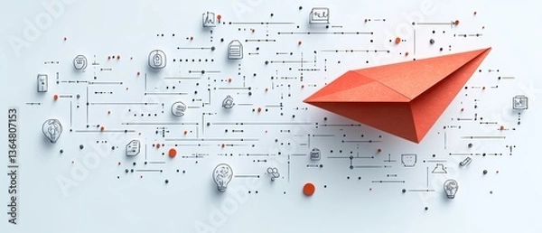 Fototapeta Abstract Paper Airplane on Intricate White Circuit Board Background with Coral Details and Cubic Accents Clean Modern Design