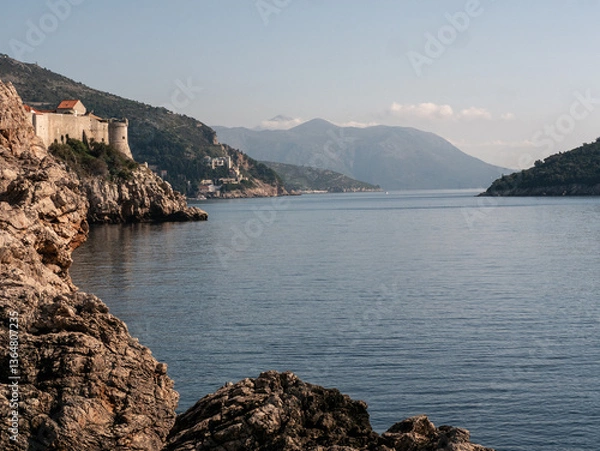 Fototapeta View of Dubrovnik Old Town walls and Lokrum island on the Adriatic Sea.