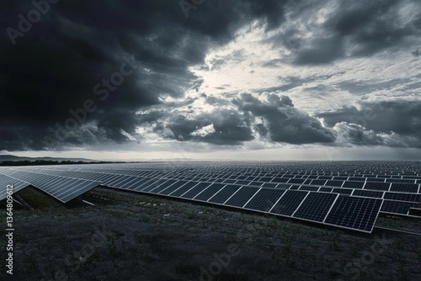 Obraz Dramatic Cloudy Sky Above Expansive Solar Farm Landscape