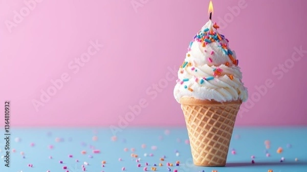 Fototapeta Vibrant Birthday Cake Ice Cream in a Sugar Cone with Colorful Sprinkles Topping