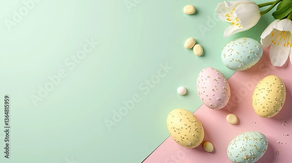 Obraz Delicate easter background, spring concept. Colorful pastel eggs, card, background for easter. easter eggs and delicate white flowers are laid out on a pastel background.