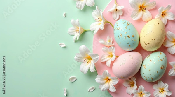 Obraz Perfect Easter: Stylish composition of pastel Easter eggs with white lilies on a two-tone background (mint and pink). Plenty of empty space on the left to add your text, logo or design.