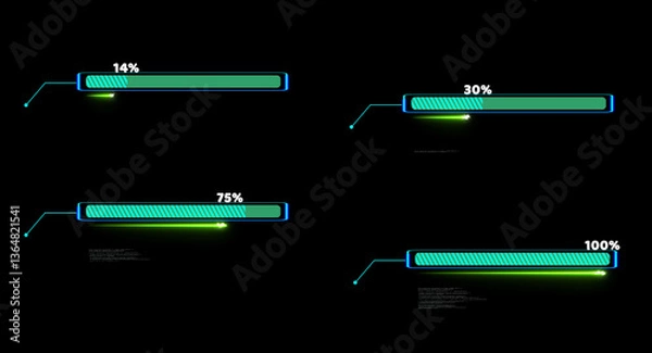 Obraz Progress bar animation with callout and laser loading bar inside light blue white fill tone with numeric and 14 to 100 percent text motion on the black screen