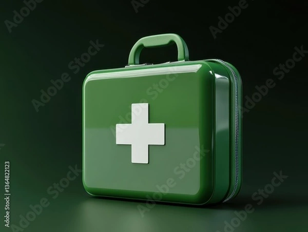 Fototapeta A bright green first aid kit sits against a dark green backdrop, emphasizing its practicality and importance. The kit features a white cross symbol, indicating its purpose for health and safety