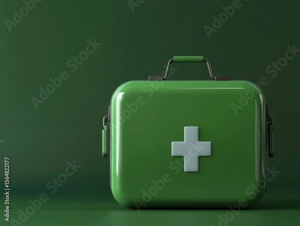 Fototapeta A green first aid kit with a simple white cross sits against a solid green background, symbolizing health and emergency preparedness. Perfect for promoting safety and care