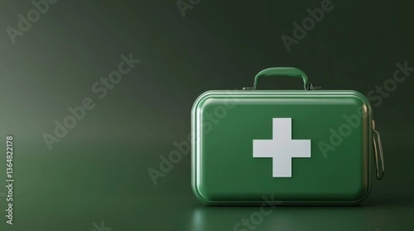Fototapeta A green first aid kit sits on a plain green surface, showcasing its white cross symbol. This setup highlights the importance of readiness and safety in various situations