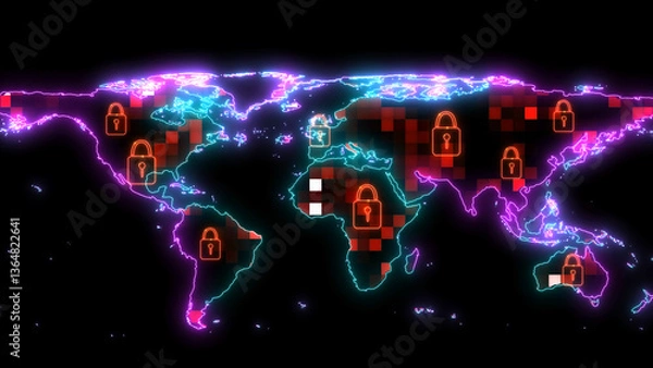 Obraz thousand digital red tone data and red light digital lock on global map. concept big data, AI, digital cyber, global cloud, security financial