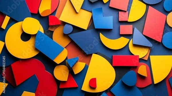 Fototapeta Vibrant and Colorful Geometric Shapes Arrangement with Blue, Red, Yellow, and Orange on Dark Background for Creative Design, Art, and Education Purposes