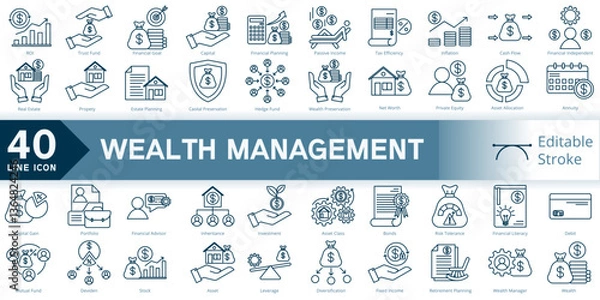 Fototapeta wealth management icon set, simple line element wealth management with editable stroke, wealth management simple icon, wealth strategy icon line style vector image