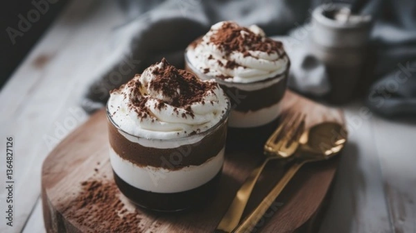 Fototapeta Delicious Chocolate Dessert with Creamy Topping in Elegant Glasses