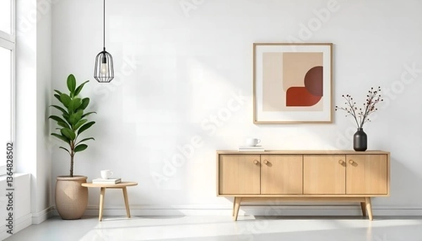Fototapeta Minimalist living room with wooden cabinet, artwork, and plant