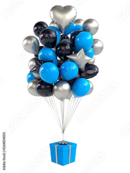 Obraz Set of balloons with gift on string. Gold, blue and black colors. 3d rendering