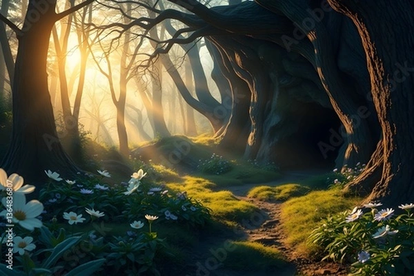 Fototapeta Enchanted forest scene with sunlight filtering through trees, illuminating flowers along a path