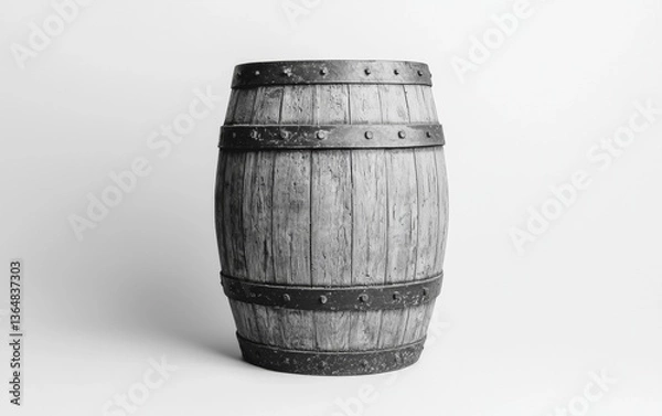 Fototapeta Vintage wooden barrel standing on a white surface with a minimalist backdrop showcasing rustic charm