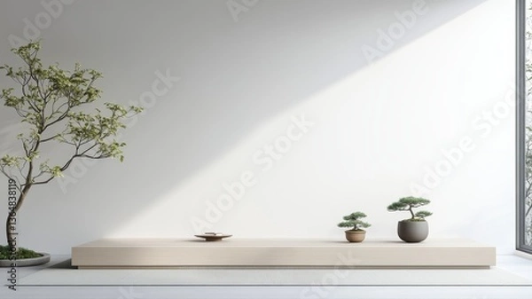 Obraz Minimalist interior with bonsai plants on wooden shelf, showcasing serene natural beauty.