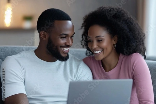 Fototapeta Happy Black couple using laptop together at home. Digital lifestyle and online browsing