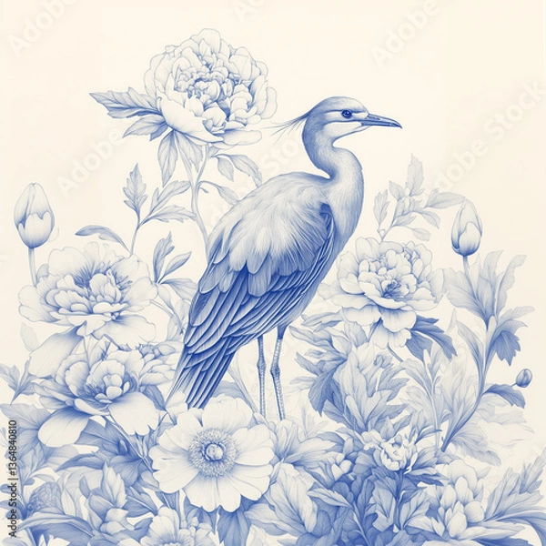 Fototapeta Floral wreath with bird. Flower arrangement with willow warbler. Blue.