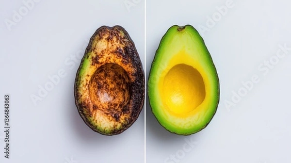 Obraz Two halves of an avocado display stark differences; one is vibrant green and ripe while the other is brown and overripe, highlighting the effects of time on fruit quality