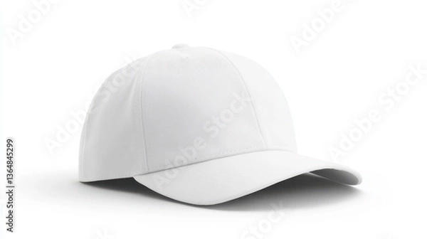 Fototapeta A white baseball cap lies on a plain surface, showcasing its smooth fabric and relaxed shape. The minimalist design highlights its versatility for casual or sporty wear