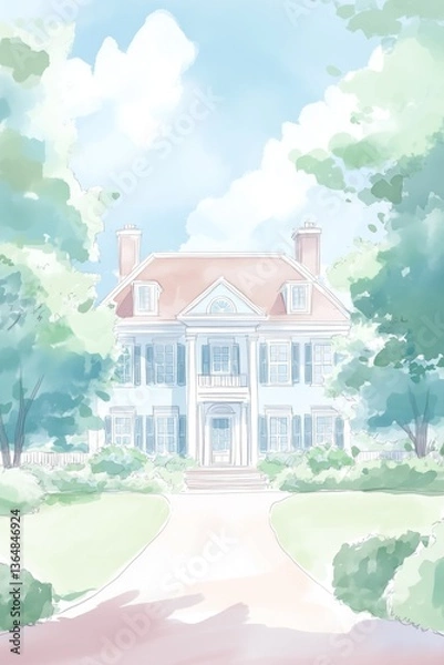 Fototapeta Traditional American colonial house watercolor, soft colors, symmetrical, trees on sides, blue sky with clouds, pastel colors, architecture