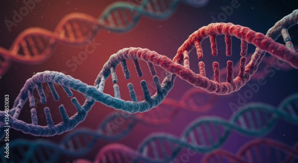 Fototapeta A detailed visualization displays multiple colorful strands of DNA in a double helix.