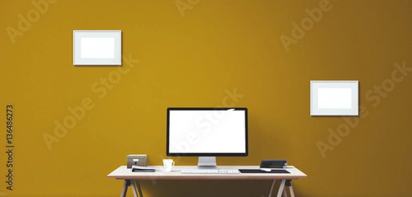 Fototapeta Computer display and office tools on desk. Desktop computer screen isolated. Modern creative workspace background.
