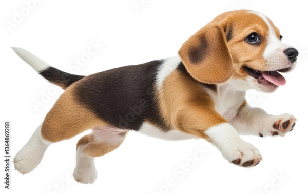 Fototapeta Playful beagle puppy jumping in a environment action cut out