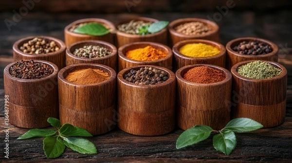 Fototapeta A rustic wooden spice collection displaying a variety of colorful spices and herbs in cylindrical containers.