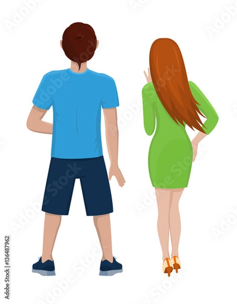 Obraz Boy and girl from the back. Rear view of young couple. Backside view of person. Isolated vector illustration of cartoon characters looking ahead on white background.