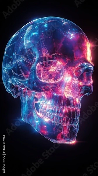 Fototapeta Neon-lit transparent skull artwork with vibrant blue and pink hues.