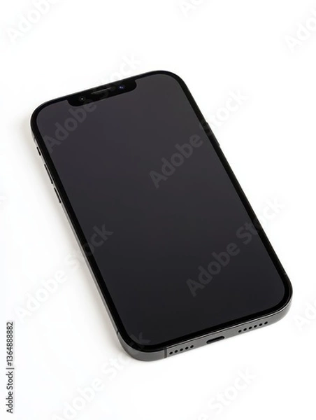 Fototapeta A sleek black smartphone with no visible screen content rests on a clean, light-colored surface, highlighting its minimalist design and modern appeal