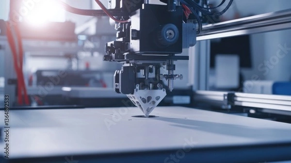 Fototapeta A 3D printing lab, an advanced 3D printer creating a mechanical prototype, sleek workspace with precision tools