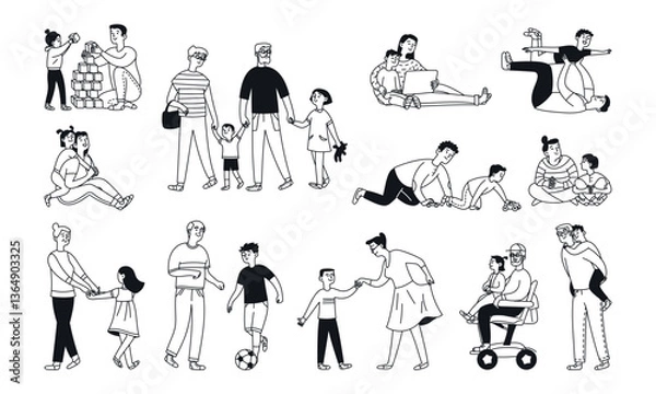 Obraz Set Grandparents and grandchildren, parents and children together. Active games and communication. Isolated doodle illustration