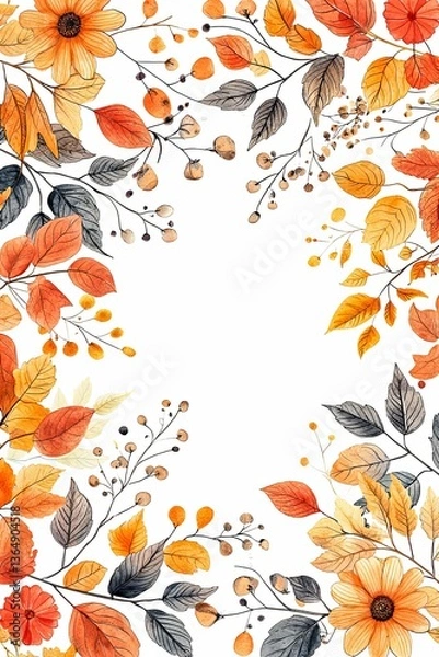 Fototapeta Vertical Border, frame of autumn leaves, flowers and branches. Nature, autumn season.