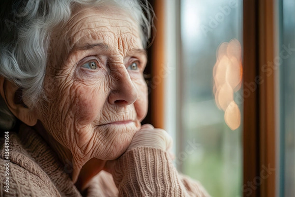 Obraz An elderly person sitting in a quiet room, deep in thought with a peaceful and contemplative expression.