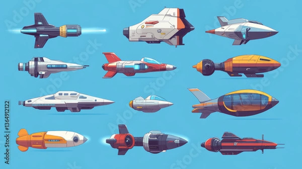 Obraz Alien space ships, ufo rockets, fantasy bizarre shuttles, computer game graphic design elements, cosmic collection of funny spaceships isolated on blue background, Cartoon vector illustration set