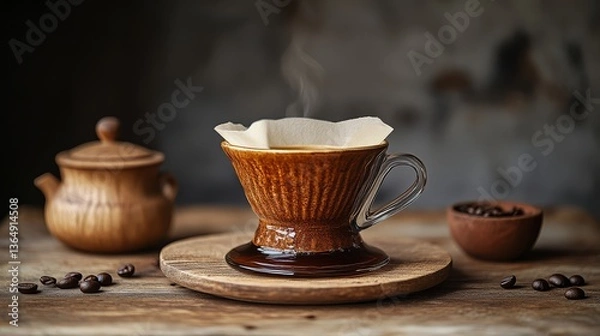 Fototapeta Aromatic Brew: A captivating close-up reveals the rich aroma of freshly brewed coffee, with a ceramic pour-over setup, coffee beans, and a charming wooden sugar bowl, crafting a cozy moment