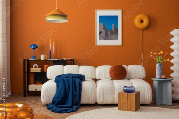 Obraz Modern cozy living room with white boucle sofa, orange wall and eclectic decor in bold colors...