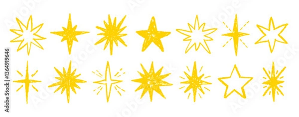 Fototapeta Crayon star shape, hand drawn pencil line doodle pattern. Pastel brush texture, color background. Star figure. Vector chalk line sketch. Sticker icon, sparkle figure. Crayon pastel school scribble bg