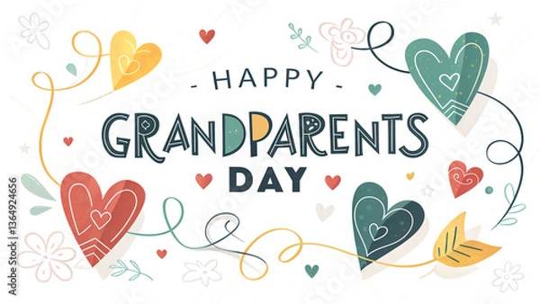 Obraz A heartwarming Grandparents Day celebration depicted with playful hearts, whimsical flourishes, and a joyful, hand-drawn font style on a white background.